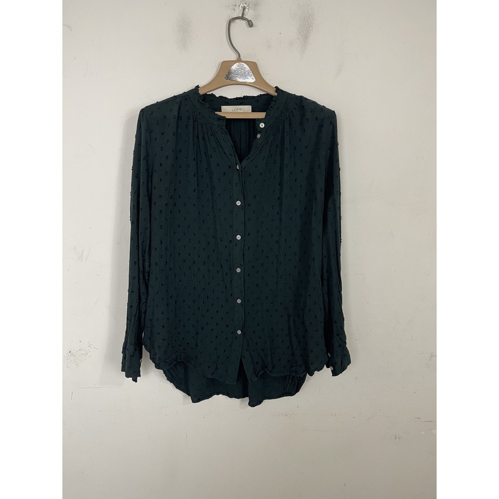 LOFT Womens Shirt Large Dark Green Swiss Dot Button Up Holiday Christmas Blouse